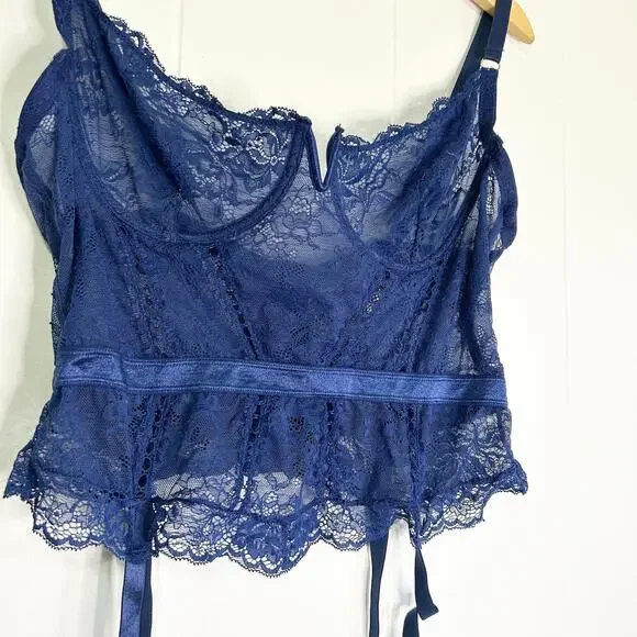 Oh La La Cherie Paris Blue Floral Lace Bustier Top Lingerie Women's 1X - Picture 2 of 6
